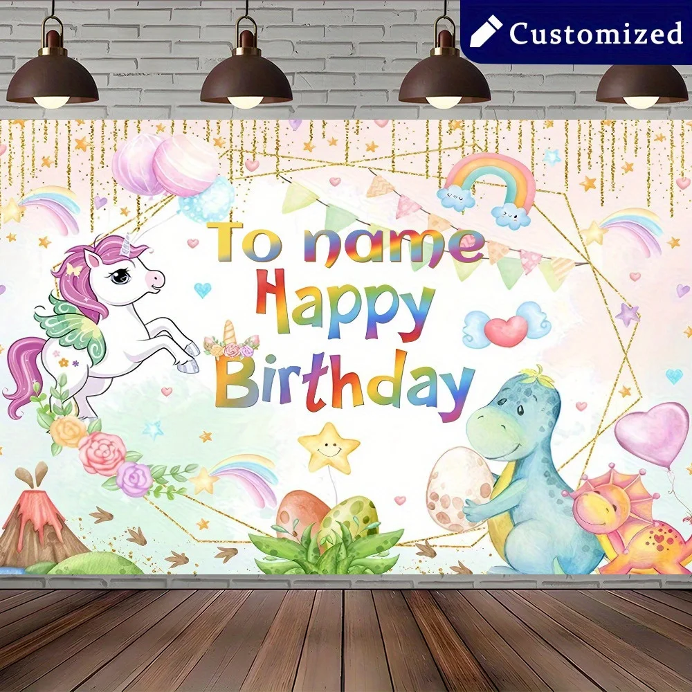 Un telón de fondo fotográfico para una fiesta de cumpleaños de unicornios y dinosaurios, con pancarta para pastel personalizable DIY, yzb