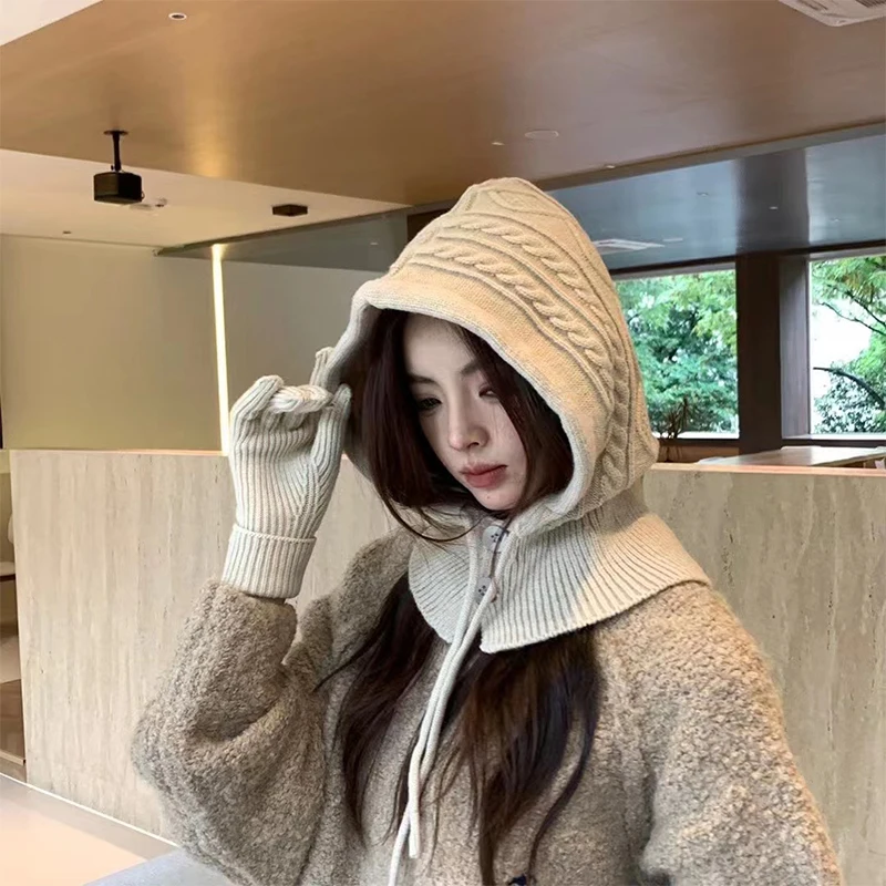 Korea Winter Scarf Hat Warm Set One Piece Botton Scarf Balaclava Hat Warm Neck Set Women Knitted Wool Pullover Hat Gothic Y2K