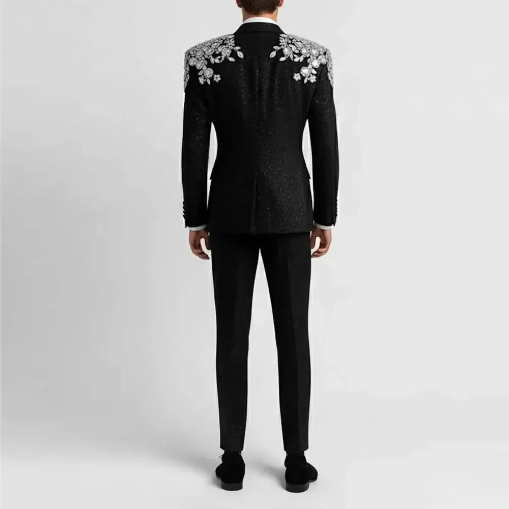 Elegante Men's Slim Fit Tuxedo 2-Piece Set High-Quality Black Beaded One-Button Suit for Wedding Groom Business Prom Fashionable
