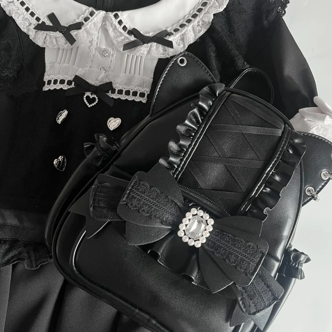 Japanische Subkultur Y2k Rucksack Weibliche Original Katze Ohren Süße Nette Lolita Bogen Strass Rüschen Rand Cross Strap Rucksack Mädchen