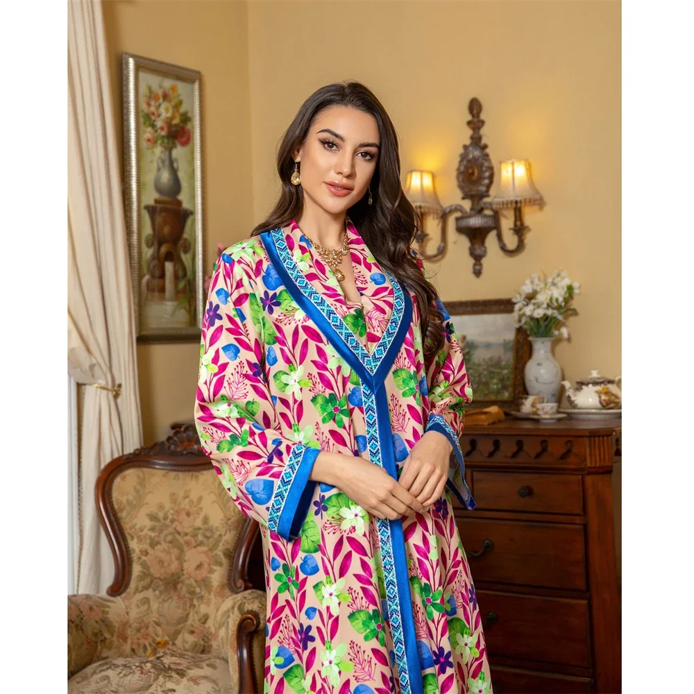 Mulheres muçulmanas abaya floral impressão diamante longo maxi vestidos turquia eid vestido de festa kaftan islâmico dubai árabe ramadan femme jalabiya