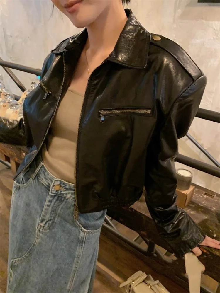 Boyfriend Style Moto Biker Jacket Women Oil Wax Cowhide Genuine Leather Jacket Zip Vintage Wide Shoulder High Waist Short Coat