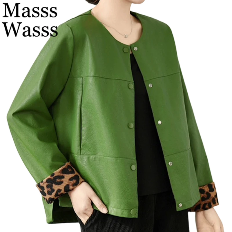 

Masss Wasss Autumn Ladies Classic Loose Vintage O Neck Leopard PU Jackets Womens Fashion Faux Leather Coats Leisure Windbreakers