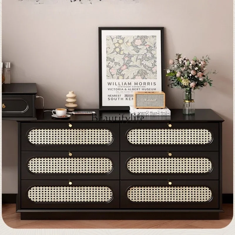 

yj9 French retro door entrance shoe cabinet integrated rattan black locker two-in-one