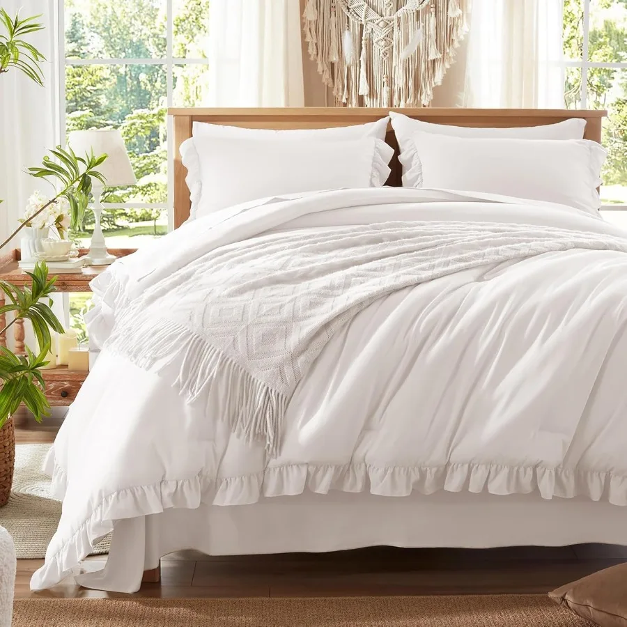 

7 Piece White Bed in a Bag All Season Ruffle Shabby Chic Bedding Set with Sheets Comforter 1 Pillow Sham 2 Pillowcases 1 Flat S