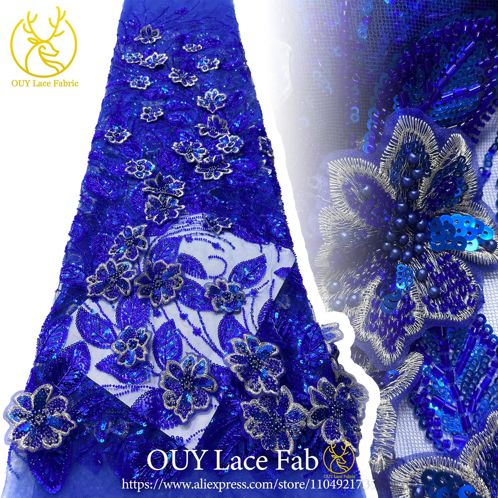 

Королевская синяя 3D вышитая бисером кружевная ткань 2026 Роскошное нигерийское кружевное платье во французском стиле с блестками Свадебное платье и вечернее платье