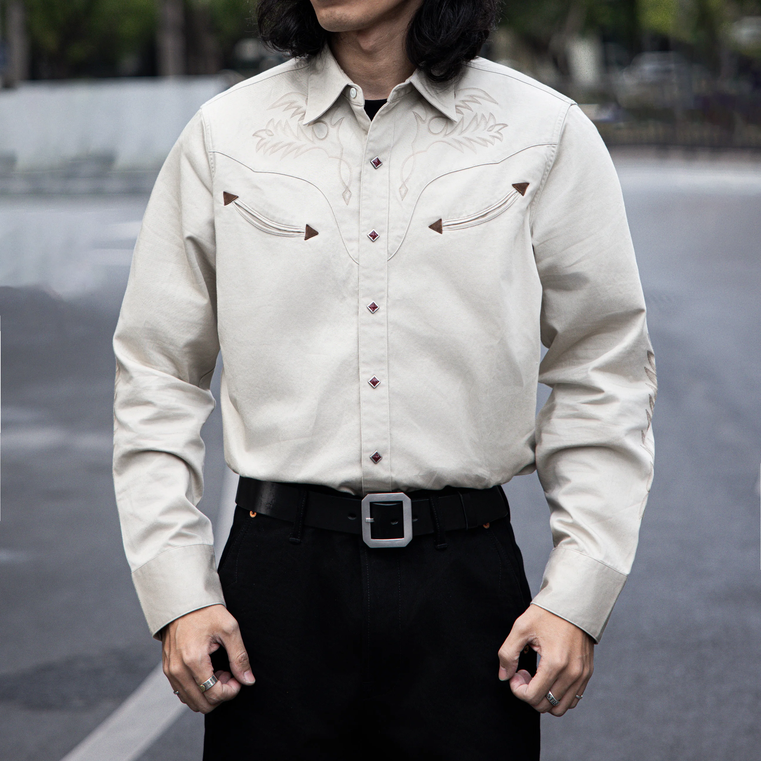 ST-0082 Big US Size Genuine Quality 300GSM Vintage Looking Loose Fitting Mans  Wool Embroidery Shirt