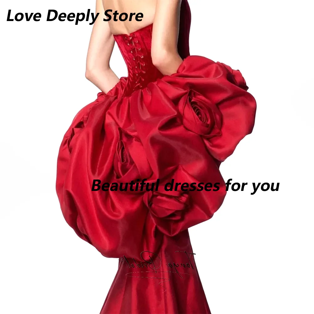 Red Evening Dresses for Women Sexy Strapless Floor Length Prom Dress 2025 Mermaid Backless Handmade Flowers Wedding Party Dress