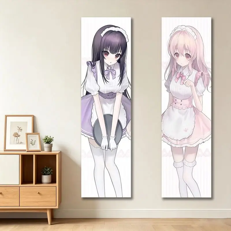VIKAMA Anime Maid Girls Tapestry Black Pink Hair Long Vertical Wall Hanging for Bedroom Dorm Otaku Room Wall Decor Gift