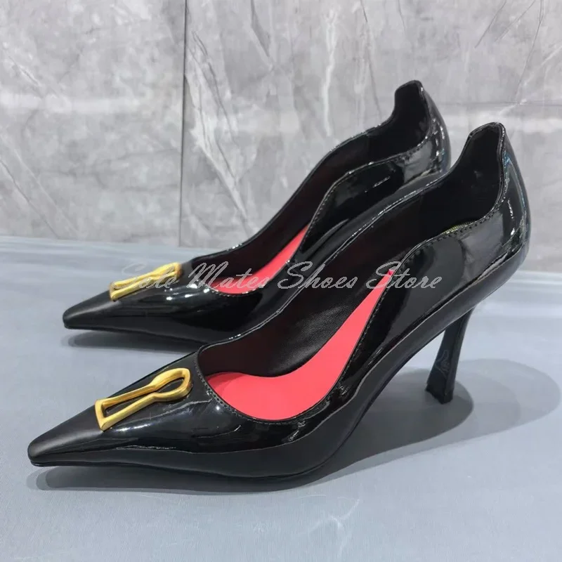 2025 Black Women's Cow Suede Pointed Toe Sandals Metal Buckle Shallow Elegant Pumps Special Shaped Heels Luxury Lady Dress Shoes