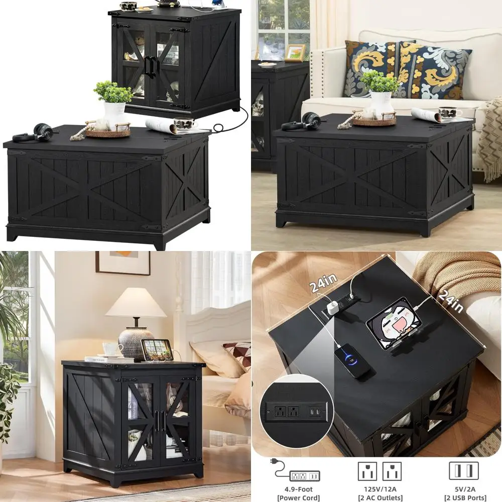 

Two-Piece Farmhouse Coffee and End Table Set with Charging Station and Hidden Storage