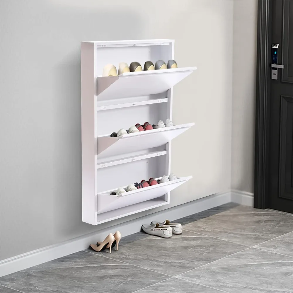 Shoe Cabinet Storage for Entryway 3-Tier Narrow Metal Shoe Rack Shoe Organizer with Flip Top Platform Doors Shoe Holder Shelf