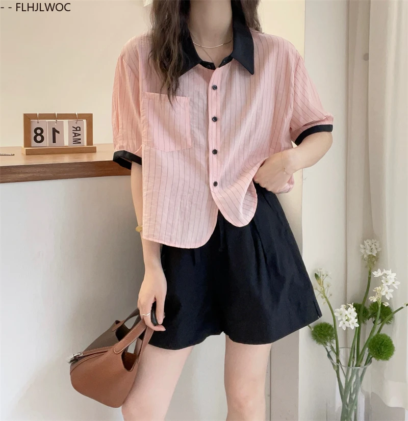 Милые розовые топы, блузки, милые японские повседневные свободные летние рубашки в полоску для девочек в консервативном стиле с короткими рукавами