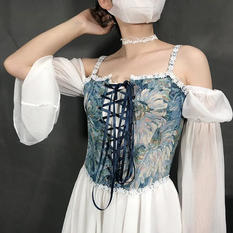 Oil Flower Pattern Tight Vest Vintage Front Lace-up Corsets Tops Renaissance Bustier Waist Training Camisole Bodyshaper