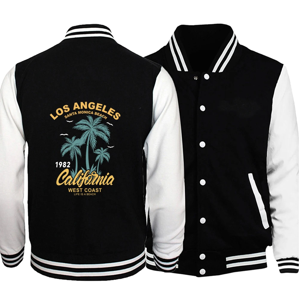

Los Angeles 1982 California West Coast Santa Monica Beach Print Jacket Casual Men Baseball Suit Loose Warm Coat Neutral Tops