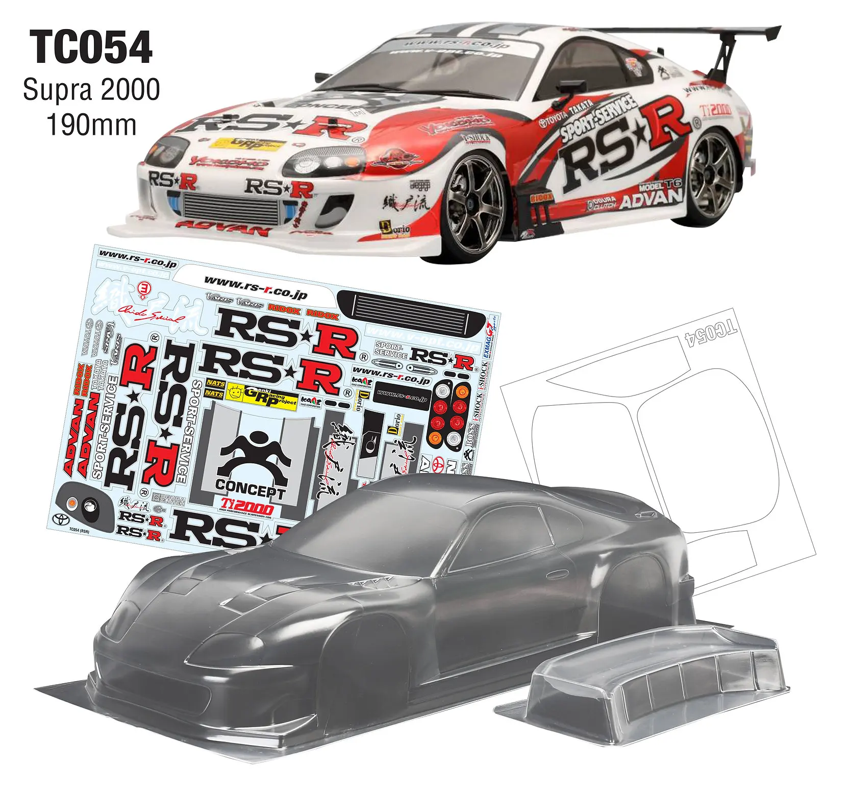 TeamC Bodies 1/10 Supra 2000 Bodywork 190mm Clear Lexan Car Body Shell W/ Rear Wing and Castrol Decal for On Road Rc Drift Car