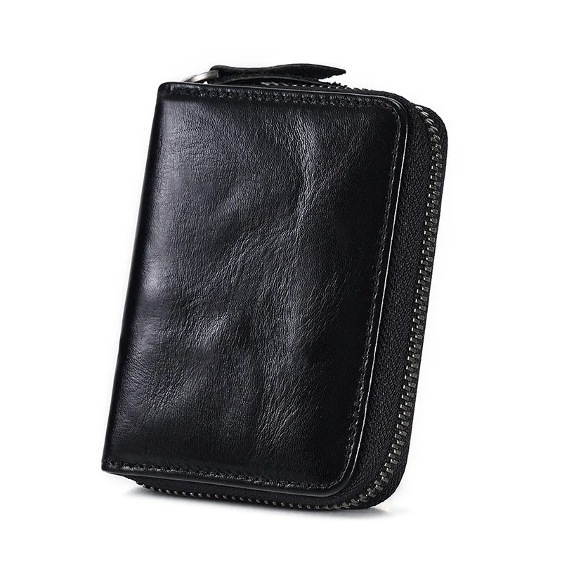 

Black Cardcase Business Card Case Cowskin Genuine Leather Tickets Organizer Cover Zipper Mini Coin Purse Bank Credit Card Holder