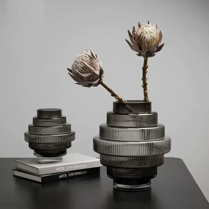Modern Personality Gray Glass Countertop Vase Creative Modeling Living Room Flower Arrangement Home Decoration Accessories