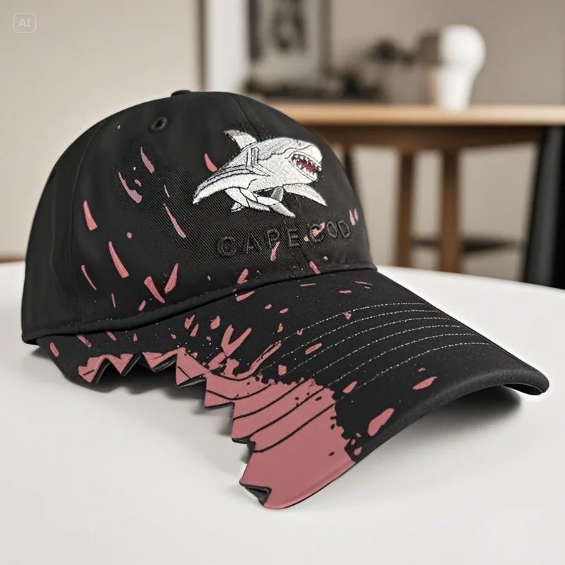 Cappellino da Baseball con Ricamo Squalo, Effetto Invecchiato, Trendy Streetwear, Protezione Solare, Traspirante, Leggero, Unico