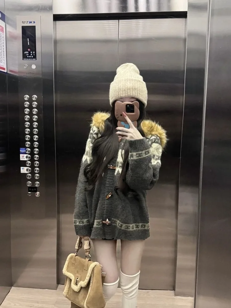 

Ezgaga вязаный кардиган женский винтажный с капюшоном 2025 осень-зима модный однобортный элегантный свитер женские повседневные топы