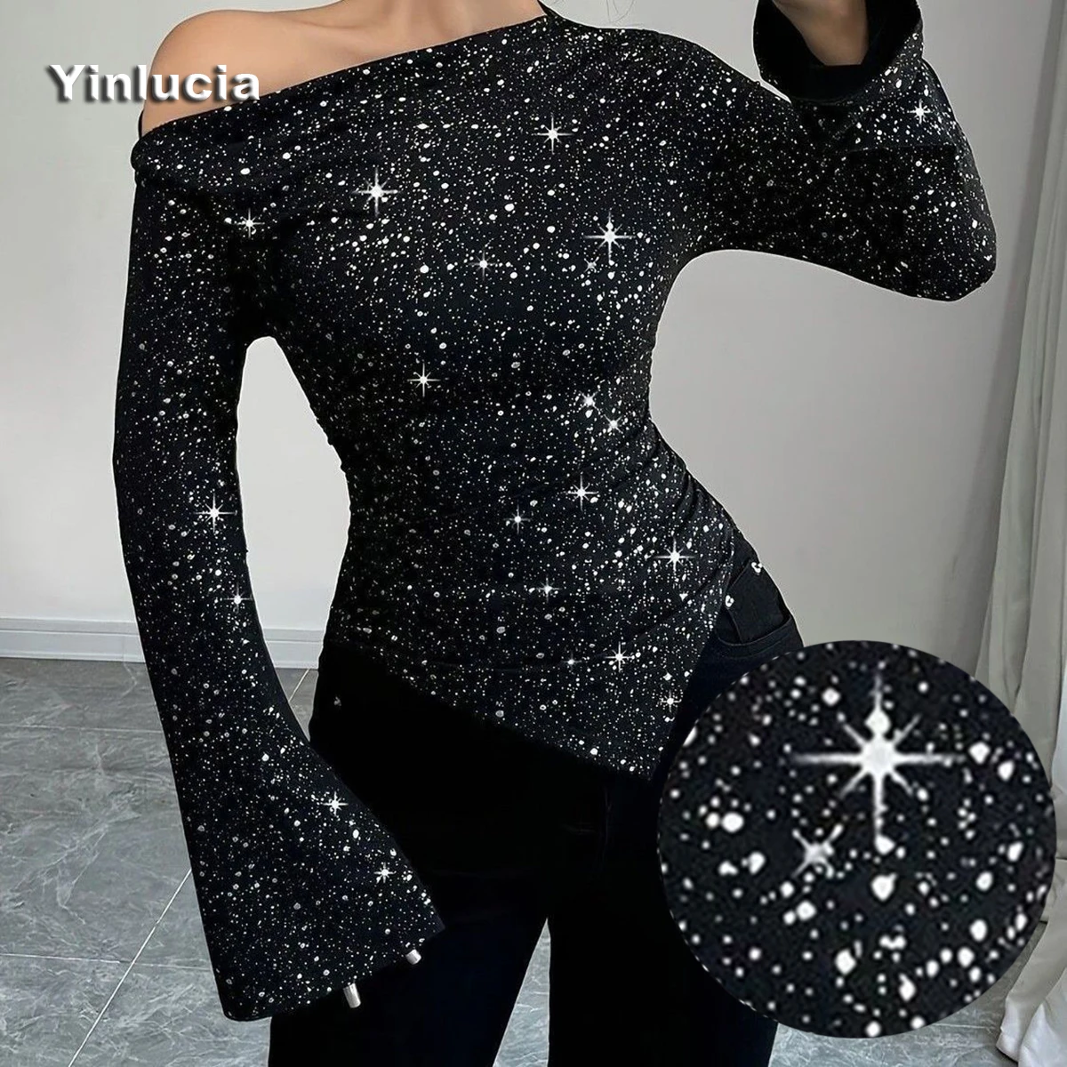 Shiny Shirt Stretch Slim Tee Bell Sleeve Tops Women Blouses Sexy One Shoulder Blouse Party Hot Babes Pullover Y2K Stylish Street