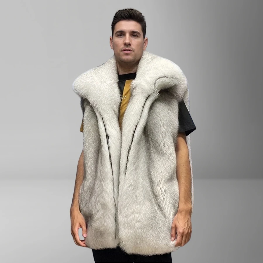 

Natural Fox Fur Vest With High Collar Men's Short Fur Vest Real Full Skin Fox Fur Jacket High Quality Genuine Leather Lacket