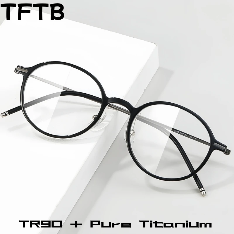 

TFTB Korean Retro Round Men and Women TR90 Pure Titanium Glasses ultra-light Comfortable Optical Prescription Eyeglasses Frame
