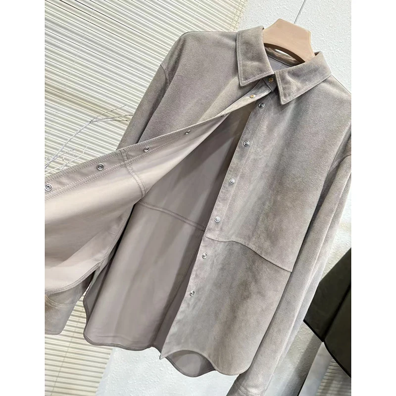 Echt Suède Jas Lente Herfst Mode Eenvoudige Casual Single Breasted Grijs/Koffie Schapenvacht Lange Mouwen Shirt Jas Vrouwelijke