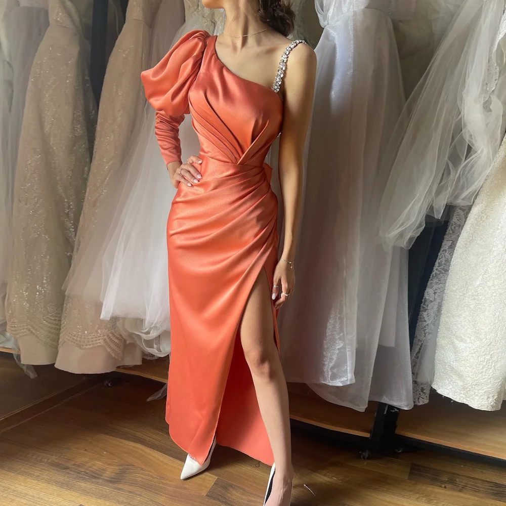 

Mignon Satin Mermaid One-shoulder Sequins Prom Gown Ruffle Ankle-length Formal Elegant Evening Party Dress for Women 2023