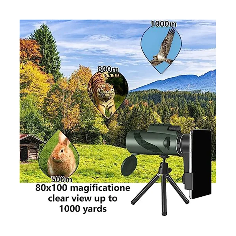 Monocoli per telescopio monoculare 80 x100 per adulti monoculare compatto per adattatore per Smartphone, con treppiede