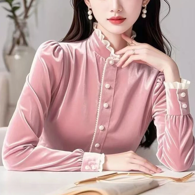 

2025 Spring Fall Women Ruffles Stand Collar Velvet Top T Shirt , Woman Slim Velour Tops Shirts TT365
