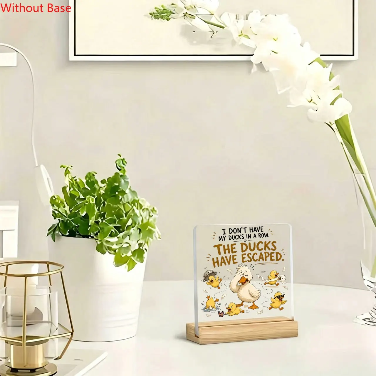 CIFBUY Acrylic Sign 2D Flat Cute Little Ducks Escaping Cartoon Pattern Inspirational Quote Wooden Base Paperweight Desktop Plaqu