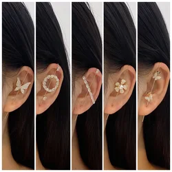 Korean New Ear Needle Wrap Crawler Hook Earrings for Women Surround Auricle Diagonal Stud Copper Inlaid Zircon Piercing Earrings
