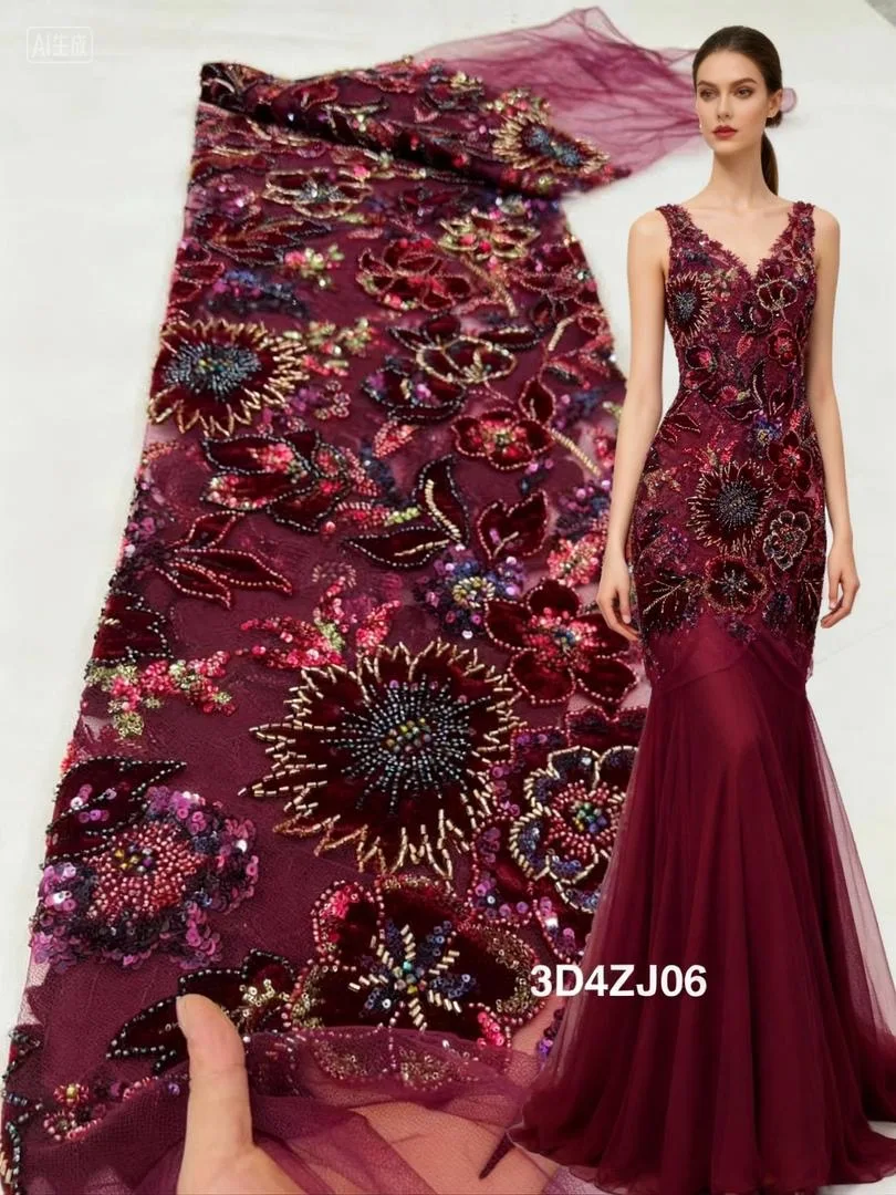 

Latest Bridal Velvet Mesh Lace Fabric 2025 High Quality Wine Red French Groom Sequins Beaded Wedding Lace Fabric Dinner Skirt