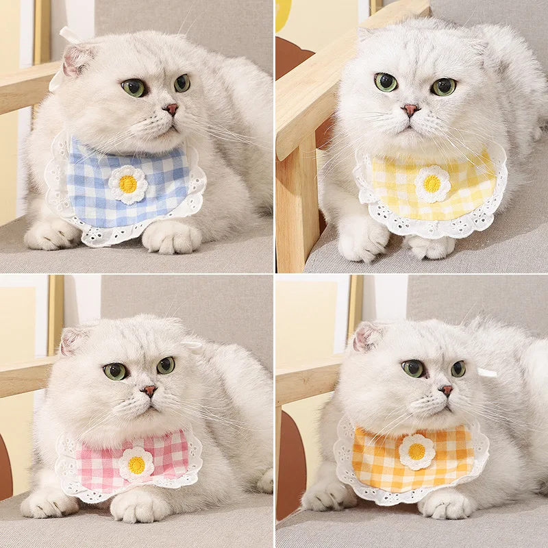 Dog Lace Bandana Pet Plaid Lace Bib Puppy Cat Flower Scarfs Daily Handkerchief Semicircle Scarf Bib Towel for Small Medium Puppy