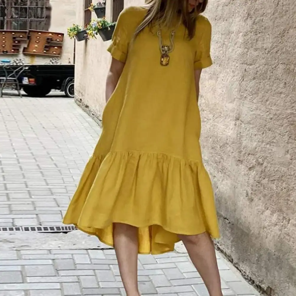 

Women Summer Dress O Neck Ruffle Hem Short Sleeves Pure Color Loose A-line Beach Midi Dress Vintage Harajuku Cotton Long Dress