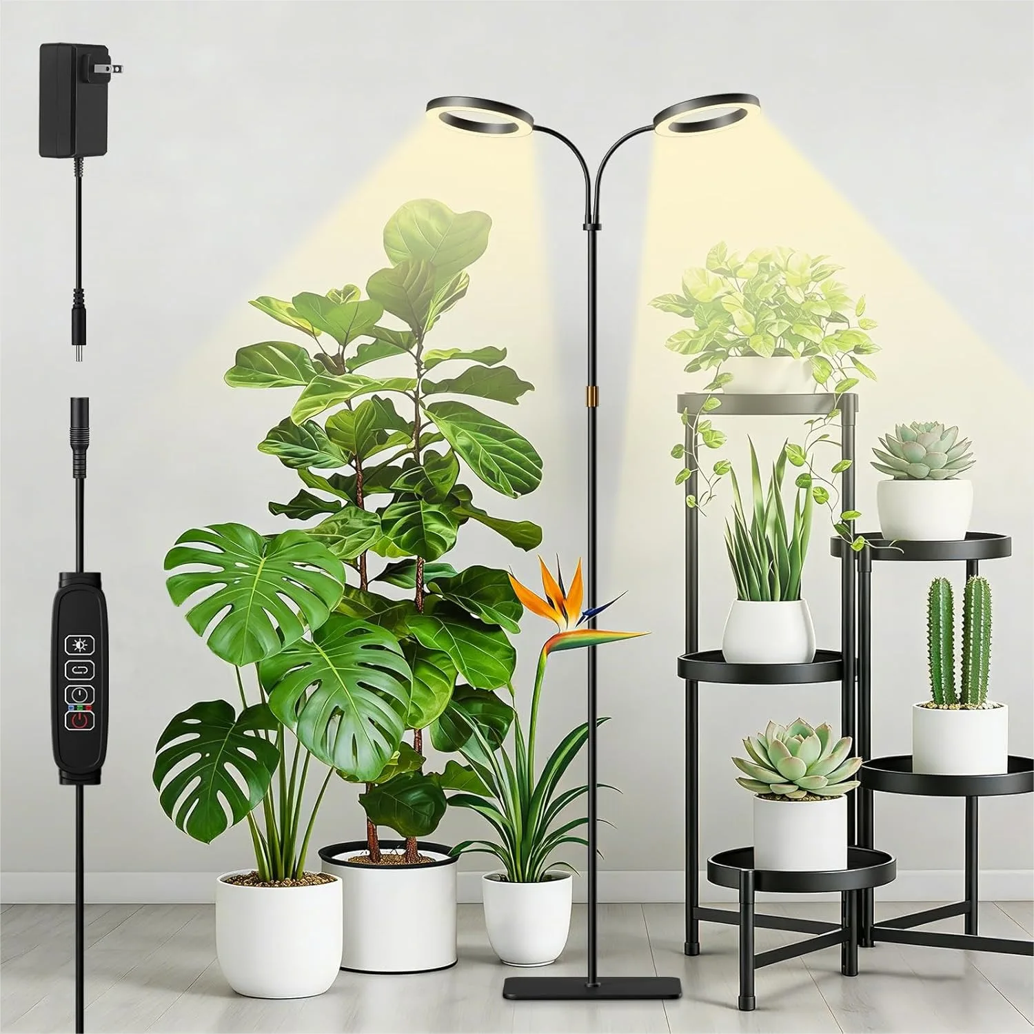 

Grow Light with Stand for Indoor Plants, Dual Head Full Spectrum Floor Plant Light, Adjustable 16.5-68in, Timer & Dimmable