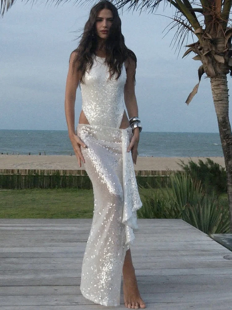 Fantoye Sexy See Through Sequins Shiny Women Skirt Suit White Sleeveless Bodysuit Long Skirt Autumn Slim Elegant Two Piece Sets