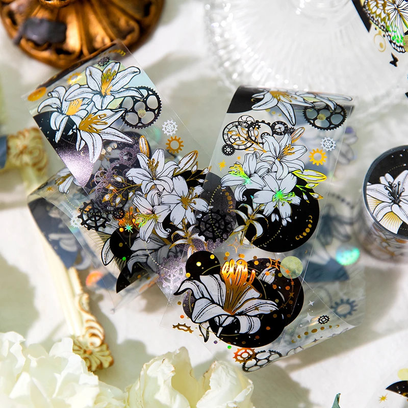 1 roll PET tape laser gold creative black and white flowers butterfly figures stickers scrapbooking  6 types 48mm*2m