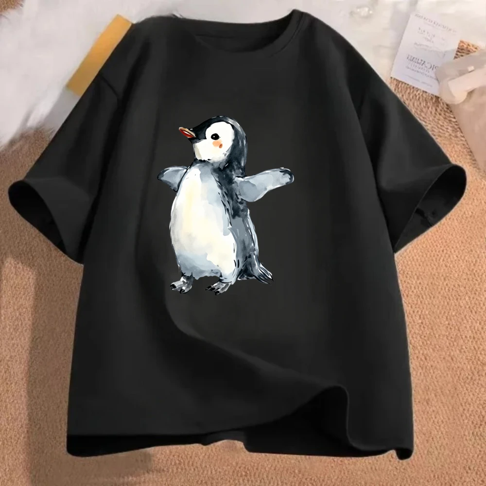 Watercolor Cute Penguin Print T-Shirt, Kawaii Animal Graphic Cotton Short Sleeve Tee, Aesthetic Casual Top for Women Girls