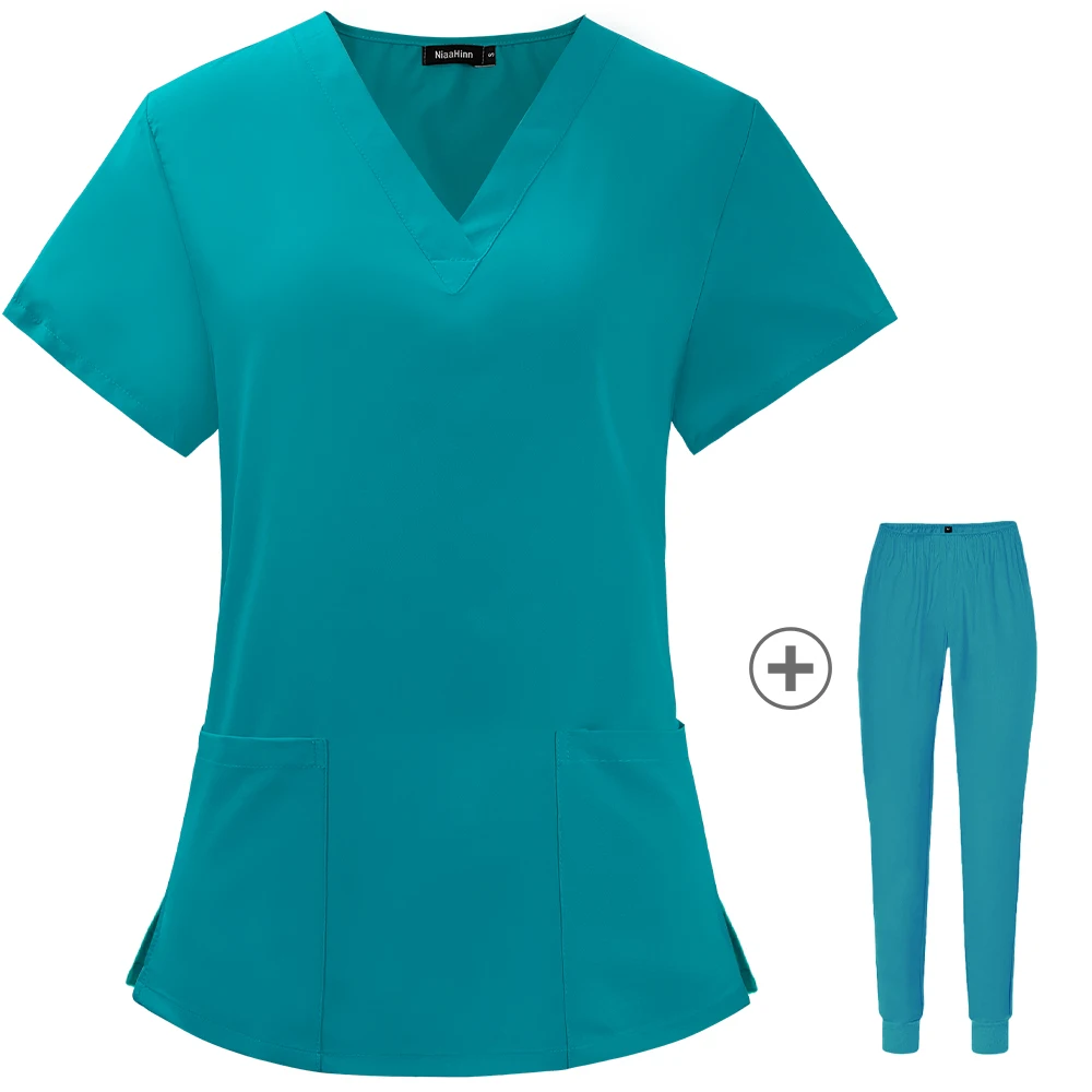 Werkkleding Verpleegbroek Elastische Groothandel Werkend Uniform Vrouwen Korte Mouw Hals Tops Tandheelkundige Ziekenhuis Scrubs Pakken