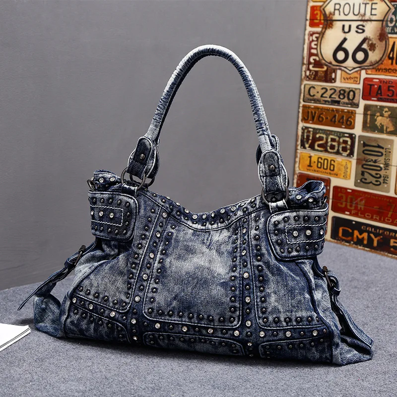 Retro Harajuku Denim Tote Bag Women Studded Diamond Shoulder Bag Ladies Large Capacity Fashion Y2K Aesthetic Crossbody Bag