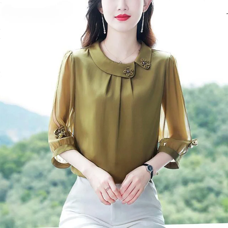 

Summer New Solid Color Doll Collar Patchwork Blouse Ladies Elegant Fashion 3/4 Sleeve All-match Vintage Top Women Chiffon Shirt