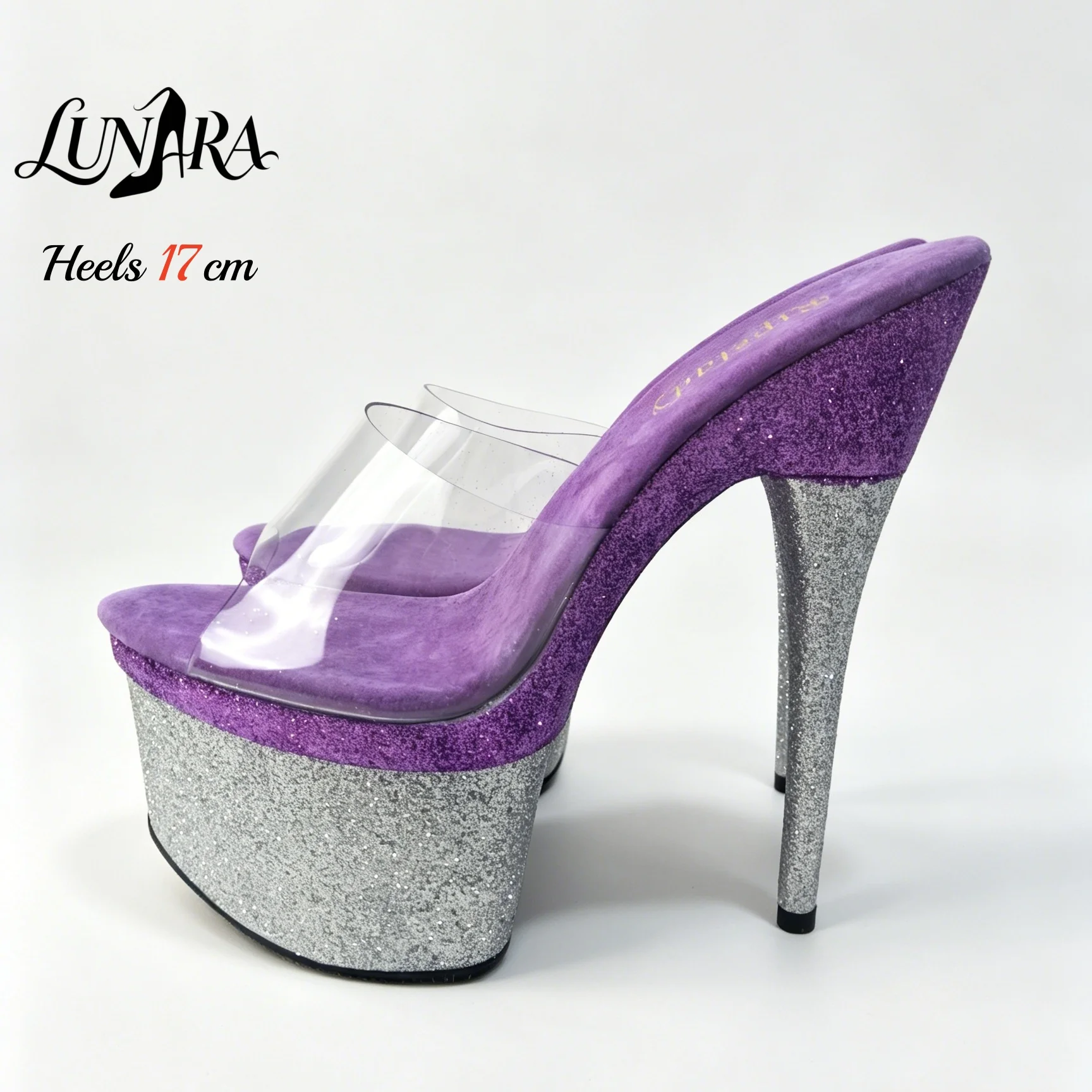 Ladies 17cm/7Inch Purple Clear Slip On Backless Mules Platform Stilettos Silver Glitter Exotic Pole dance Nightclub Rave Party
