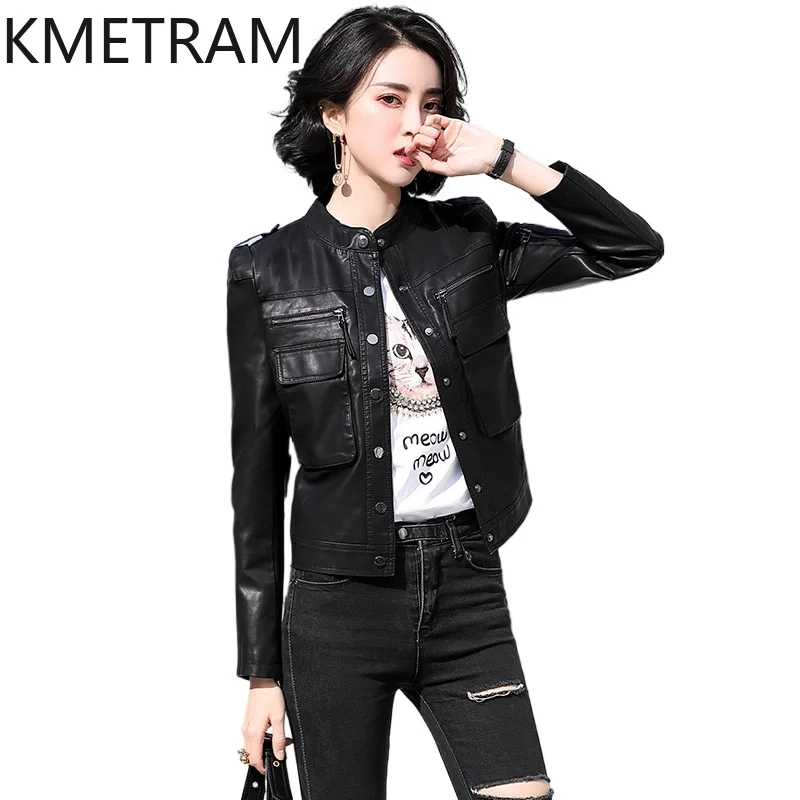KMETRAM Real Sheepskin Leather Jacket Woman Short Slim Coats Fashion Motorcycle Jackets New Autumn Women Clothing 2026 jaqueta
