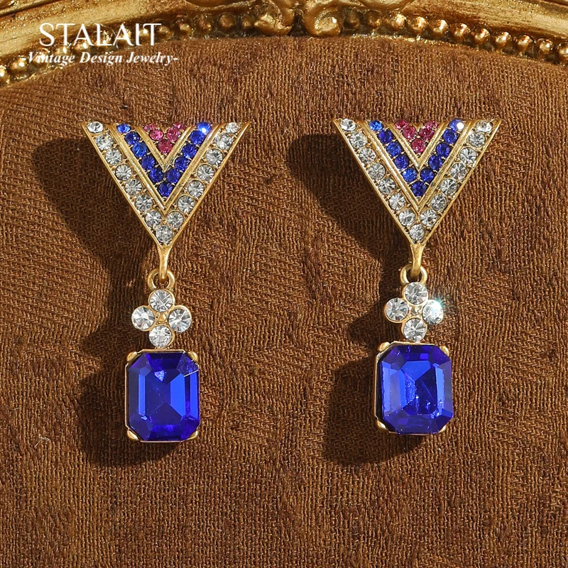 

Vintage Blue Zircon Crystal Earring Drop Gold Color Colorful Rhinestone Triangle Luxury Jewelry Designer For Woman Accessories