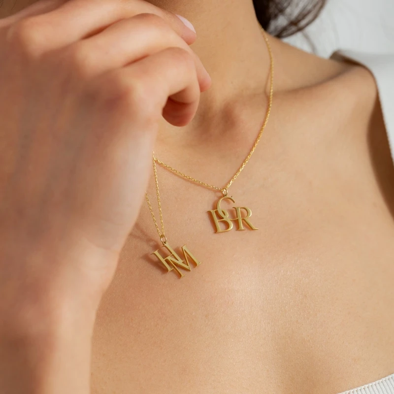 Custom Personalized Intertwined Multiple Initial Necklace for Women,304 Stainless Steel Overlapping Vintage Letter Pendant