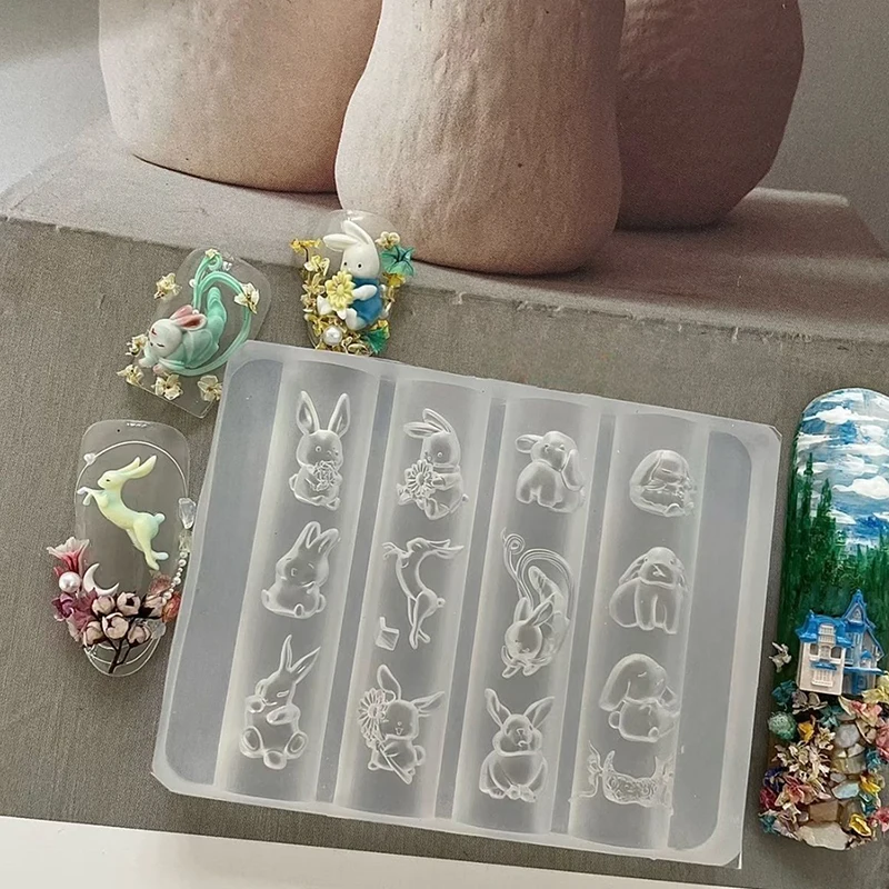 3 stuks leuke cartoon siliconen nail art schimmel konijn maan cake maan 3d acryl bloemen nagels sjablonen diy manicure schimmel gereedschap
