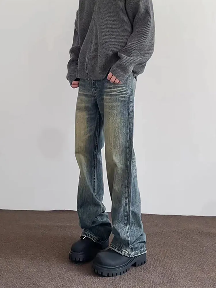 

American High Street Vintage Blue Jeans Men's Spring Autumn New Trendy adient Straight Leg Pants Wear Resistant Loose Fit