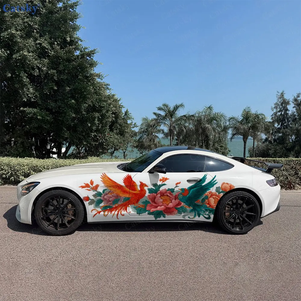 2pcs Twin Phoenix & Peony Car Side Wraps, Self-Adhesive PVC Waterproof & Scratch-Resistant Stickers, Car Accessory Gift